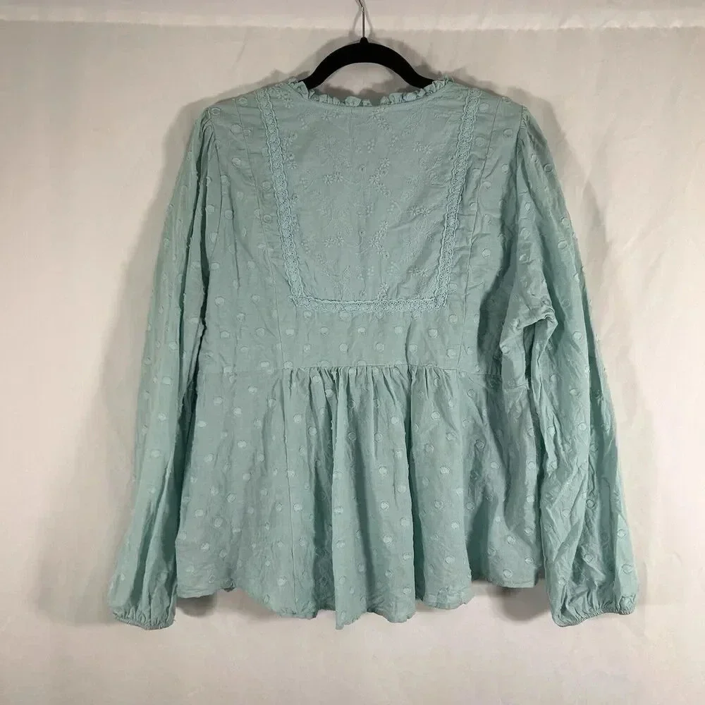 Torrid Blouse Women's 1 1X Blue Vneck Long Sleeve Frill Neckline 100% Cotton